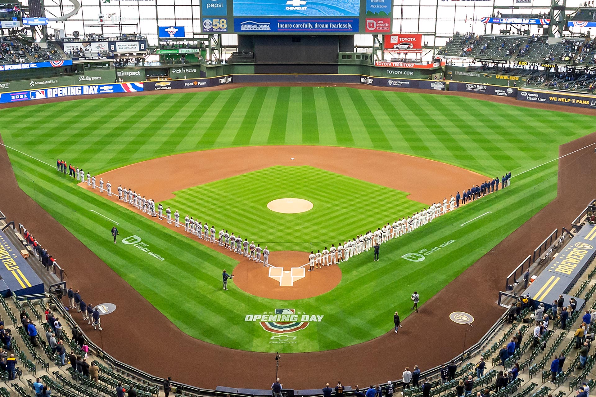 A view of the Milwaukee Brewers on the field at American Family Field on Opening Day