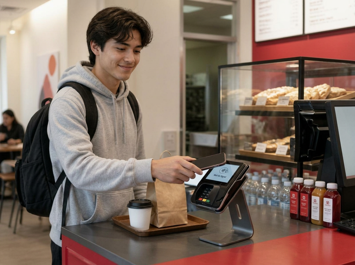 A student taps to pay at a POS system with their smartphone. 