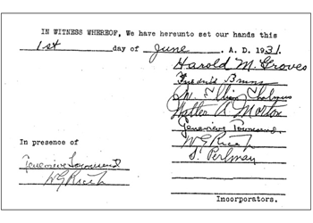 A photo of the original document signed by UW Credit Union's seven founders to officially incorporate the credit union in 1931.