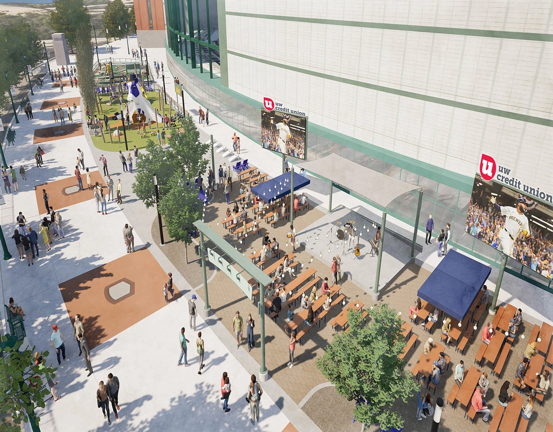 A preview render of the new UW Credit Union Plaza coming to American Family Field™ June 2026.