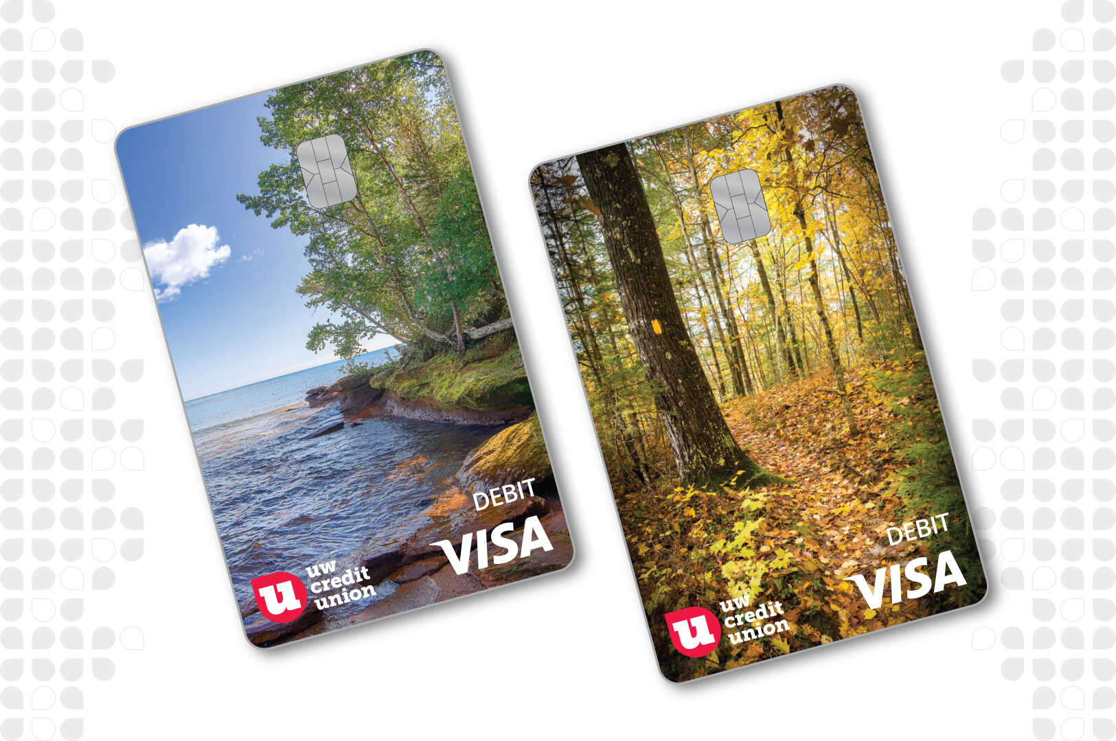 UW Credit Union debit cards featuring landscape photography designs. 