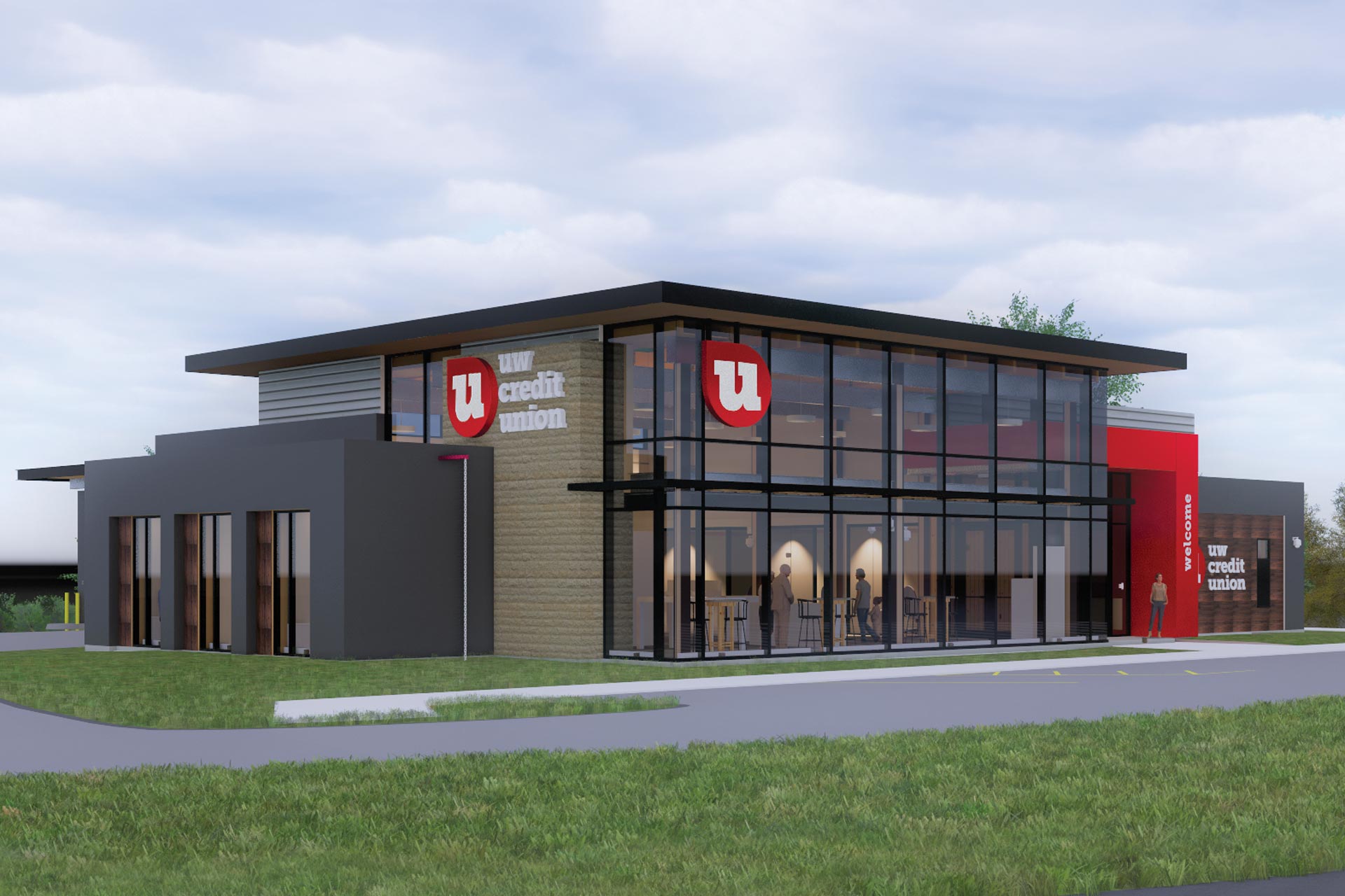 A rendering of the exterior of the Franklin UW Credit Union branch, set to open May 5.