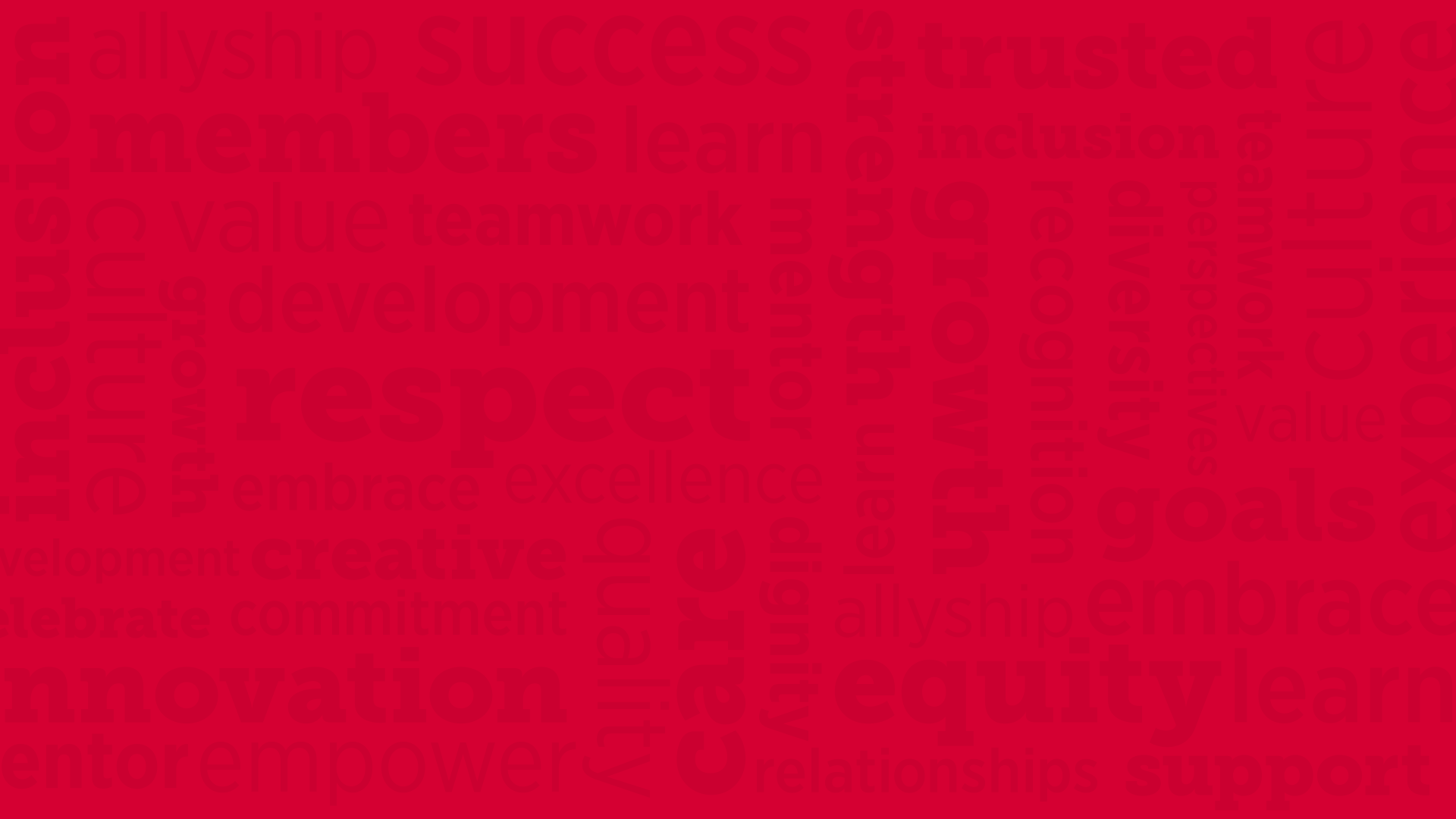 A word collage containing words like "respect", "innovation", "equity", and more words showcasing the values of UW Credit Union.