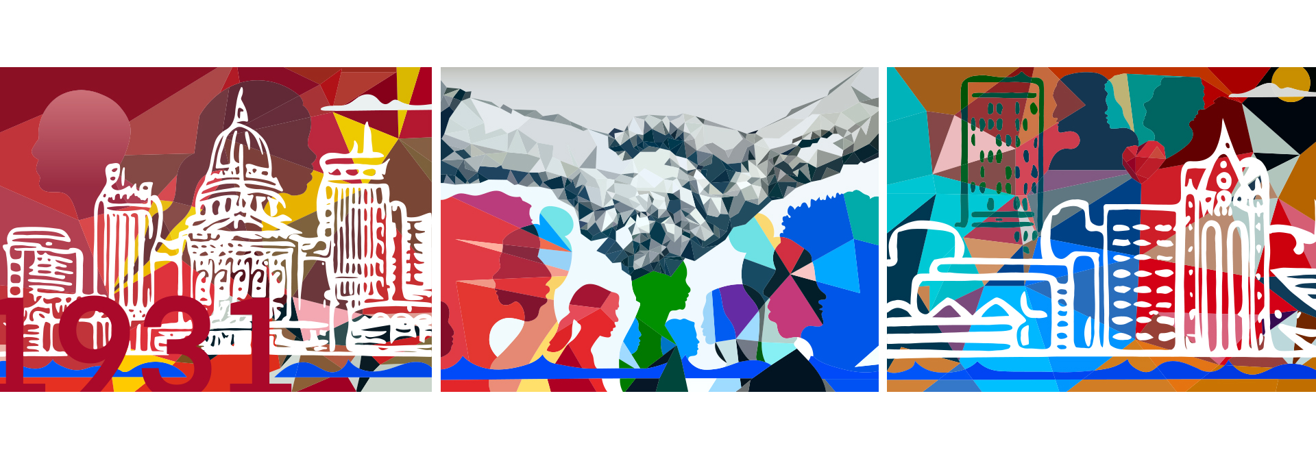 Mural depicting the city of Madison on an abstract multicolored background