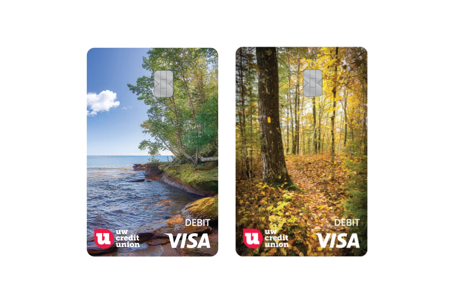 UW Credit Union “Wisconsin Parks and Trails” card designs featuring iconic state landmarks: Big Bay State Park and a segment of the Ice Age Trail. 