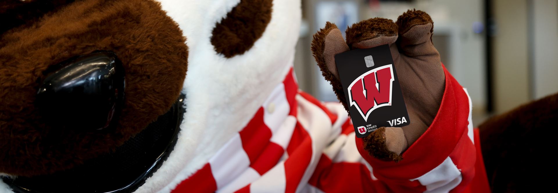Bucky Badger, the mascot of UW Madison, holds up a credit card with the Motion W logo