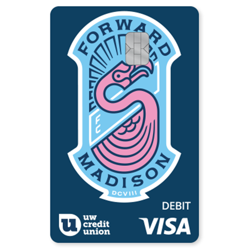 Image of the Forward Madison themed debit card exclusively available at UW Credit Union.